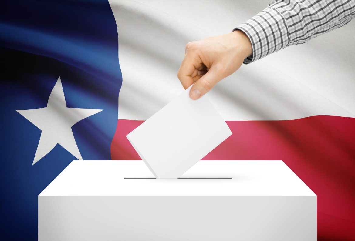 Voting concept - Ballot box with national flag on background - Texas