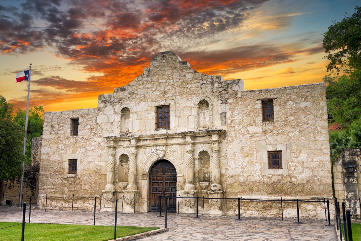 Exterior view of the historic Alamo in San Antonio, Texas shortly after sunrise