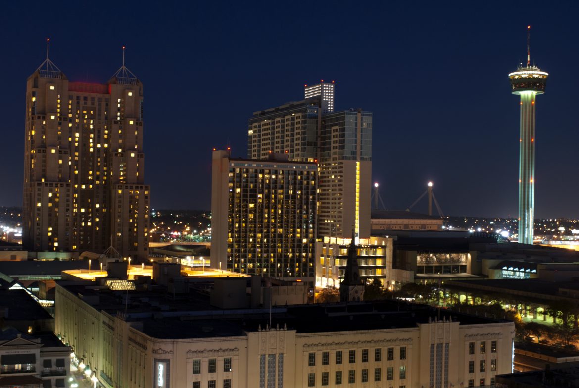 Aerial view of San Antonio, Texas at night