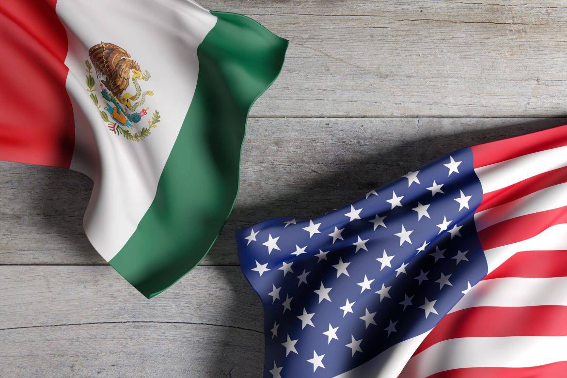 3d rendering of an United States of America and Mexico flag waving