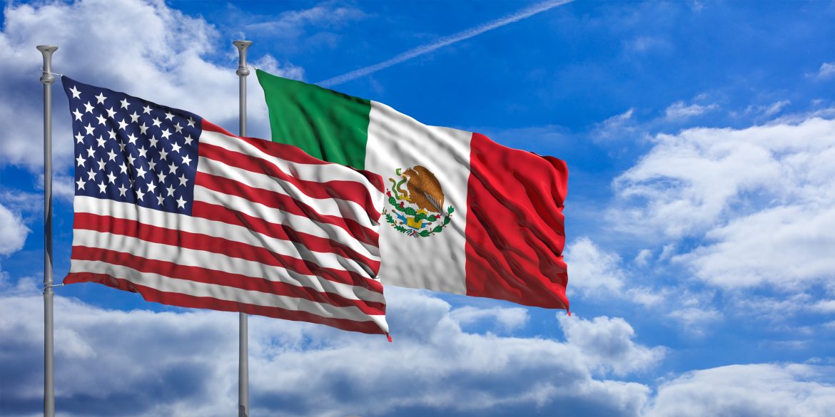 USA and Mexico waving flags on blue sky background . 3d illustration