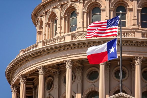 American and Texas state flags flying on the dome of the Texas State Capitol building in Austin